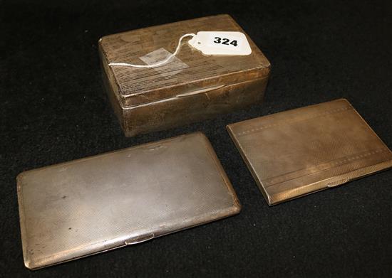 Silver engine-turned presentation cigarette box and two silver cigarette cases